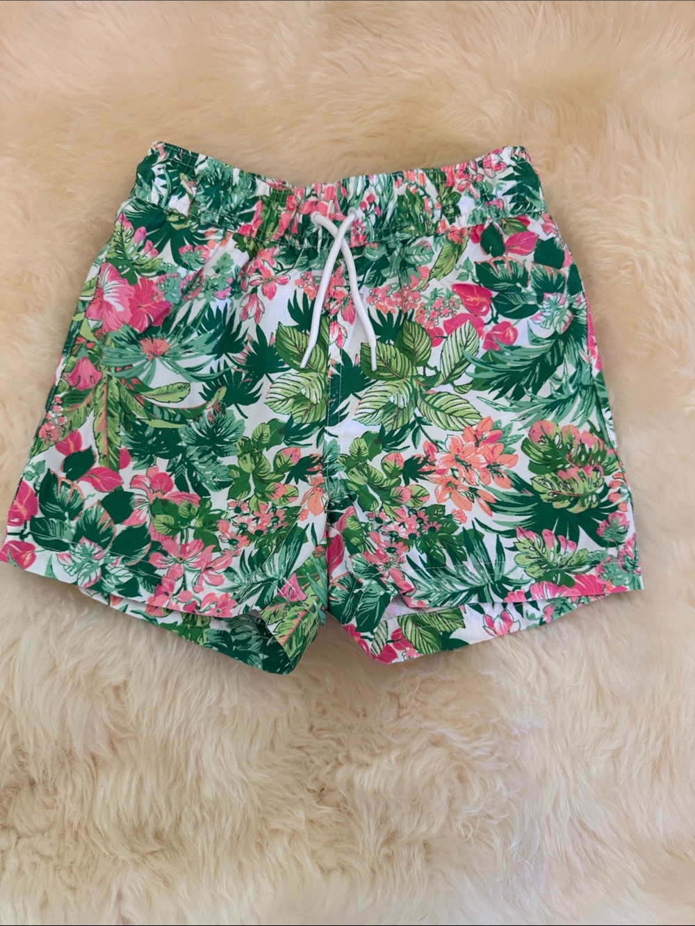 Janie and Jack Tropical Floral Kids Swim Trunks - Pink & Green